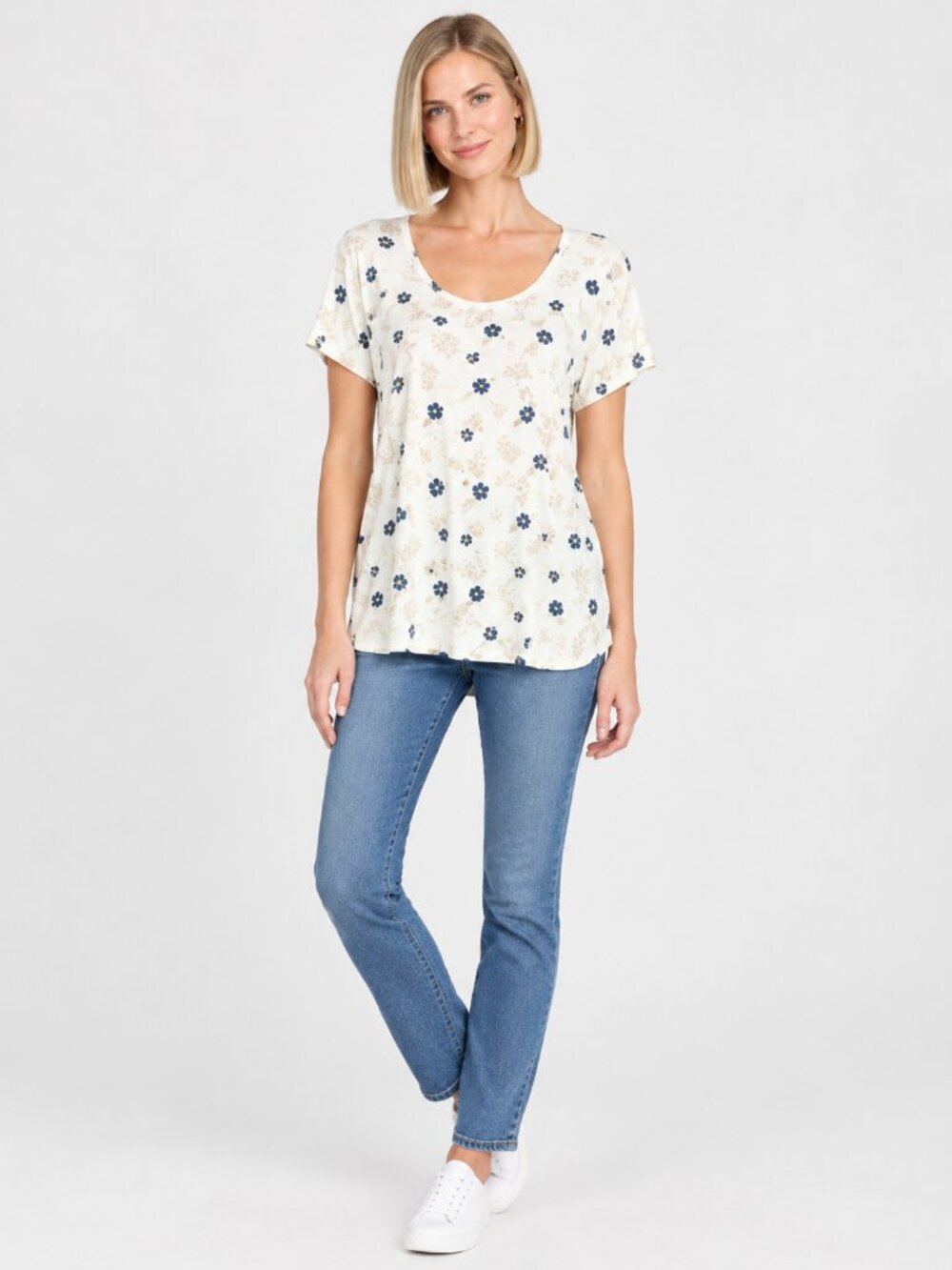 2/$30 Lands' End Poppy Floral Print Scoop Neck Tee Ecru Navy Medium #A4795